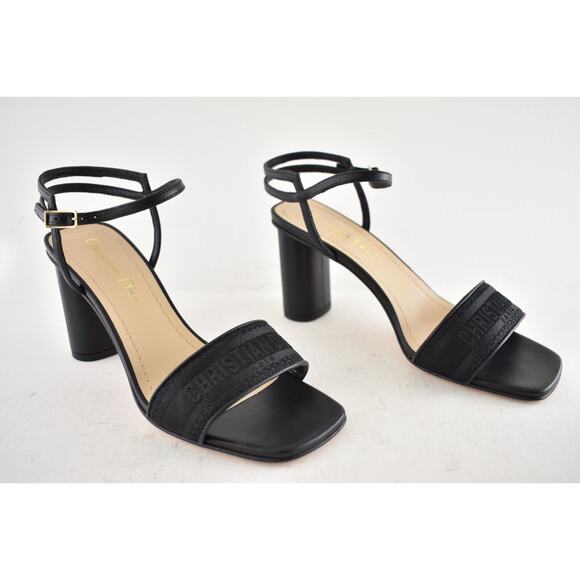 Dior Dway Heeled Sandal Embroidered Satin Black Ankle Strap Block Heel Pump 35 - Picture 4 of 14
